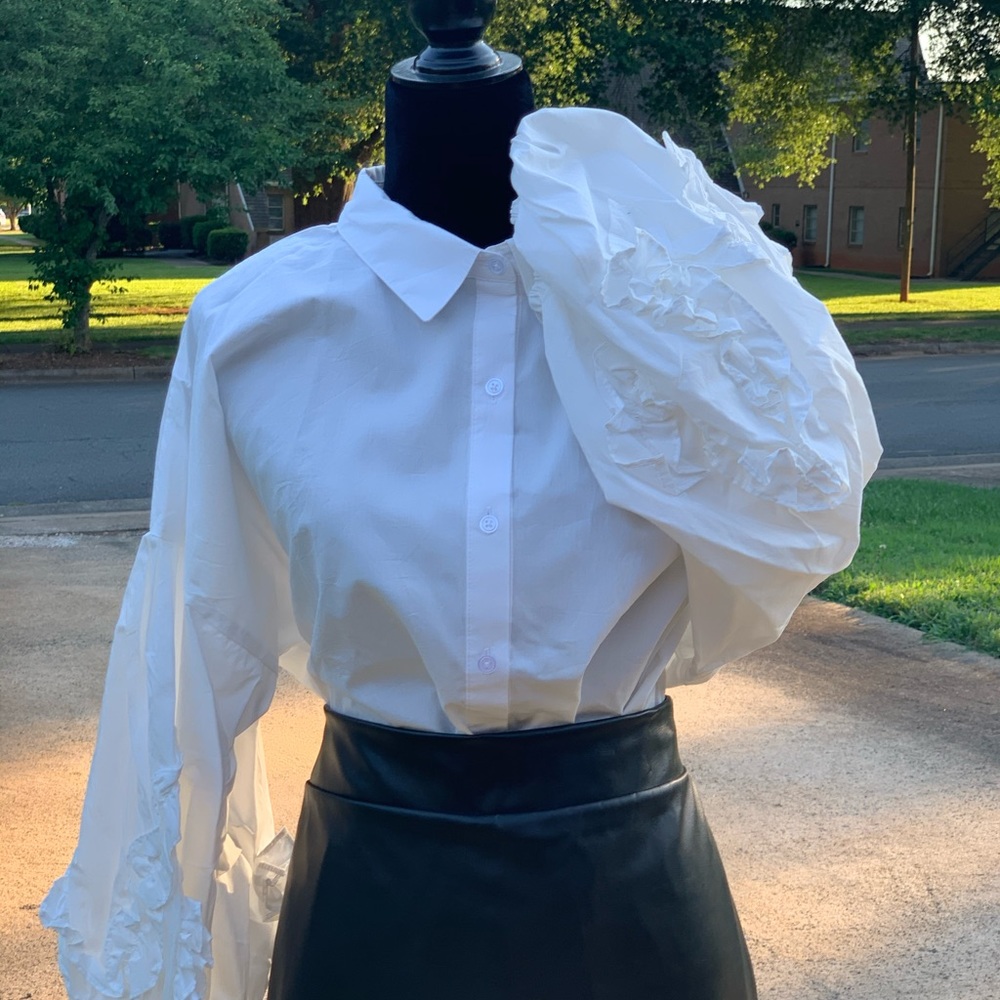 White Ruffle Sleeve Button Down Shirt